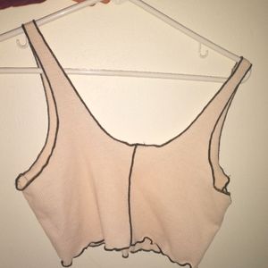 Beige waffle knit cropped tank top